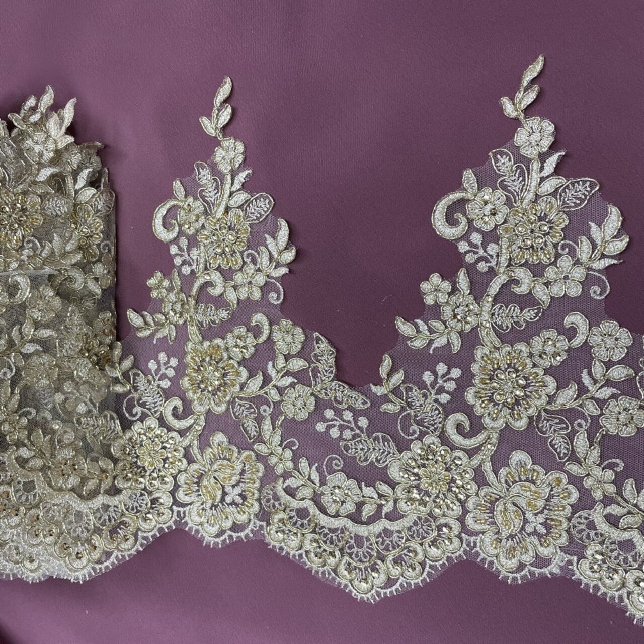 1 Yard Beaded & Corded Lace Trimming Embroidered on 100% Polyester Net Mesh 11" Wide